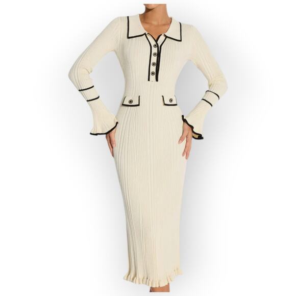 Commense Dresses & Skirts - Commense Contrast Trim Ribbed Knit Button Maxi Dress Cream Black - Parisian Chic